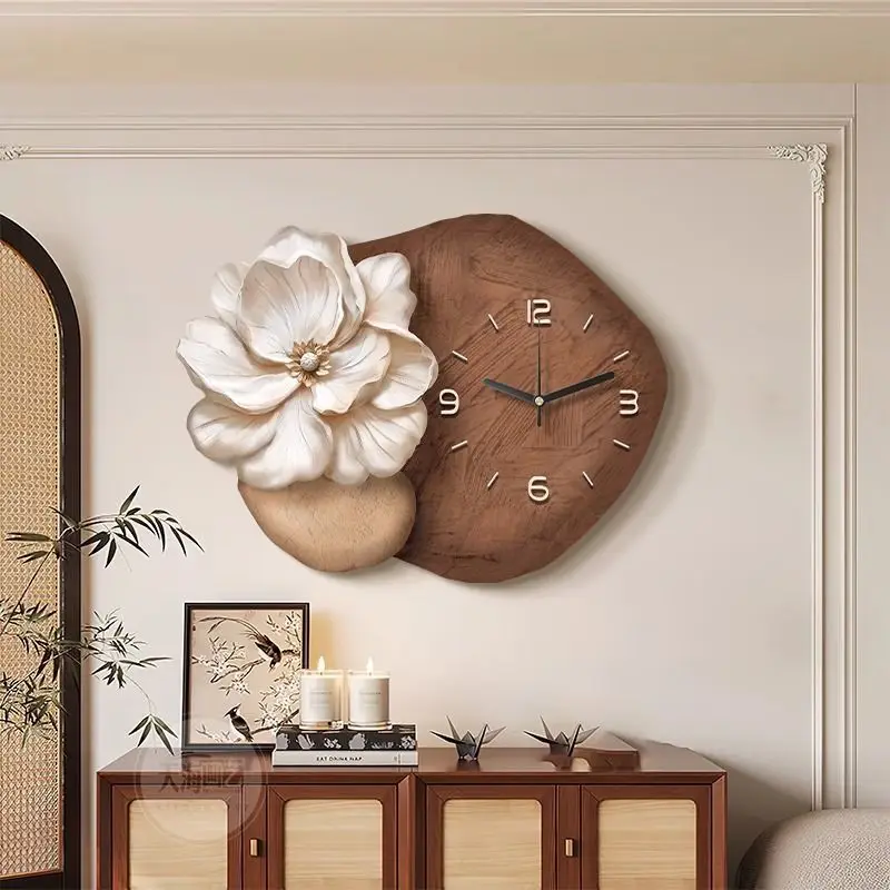 

Black and white high-end living room clock wall decoration painting medieval style 2025 new watch creative flower wall painting