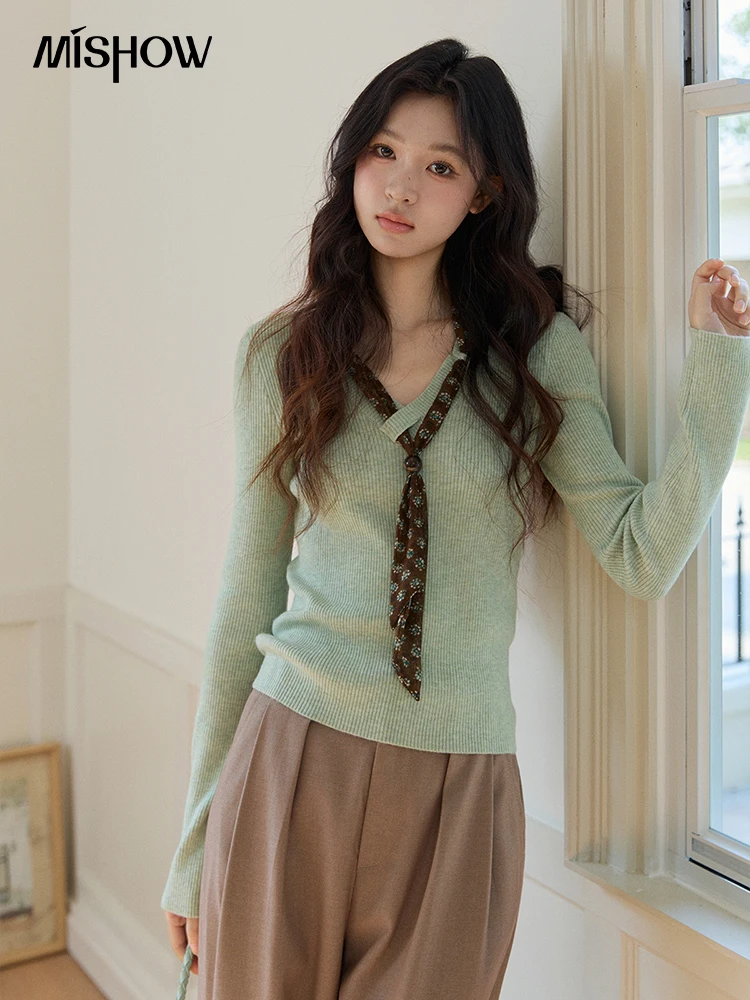 MISHOW Women's Elegant Mint Green V Neck Ribbed Knit Pullover Top Tie Neck Long Sleeve Slim Spring Autumn Sweater MXF108Z1024 - view 4