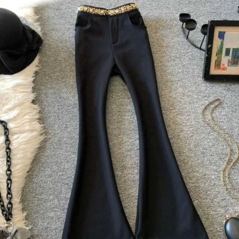 موضة جديدة سليم متوهج السراويل النساء الخريف عالية الخصر رقيقة الماس جيب جرس قيعان دعوى بنطلون الملابس النسائية