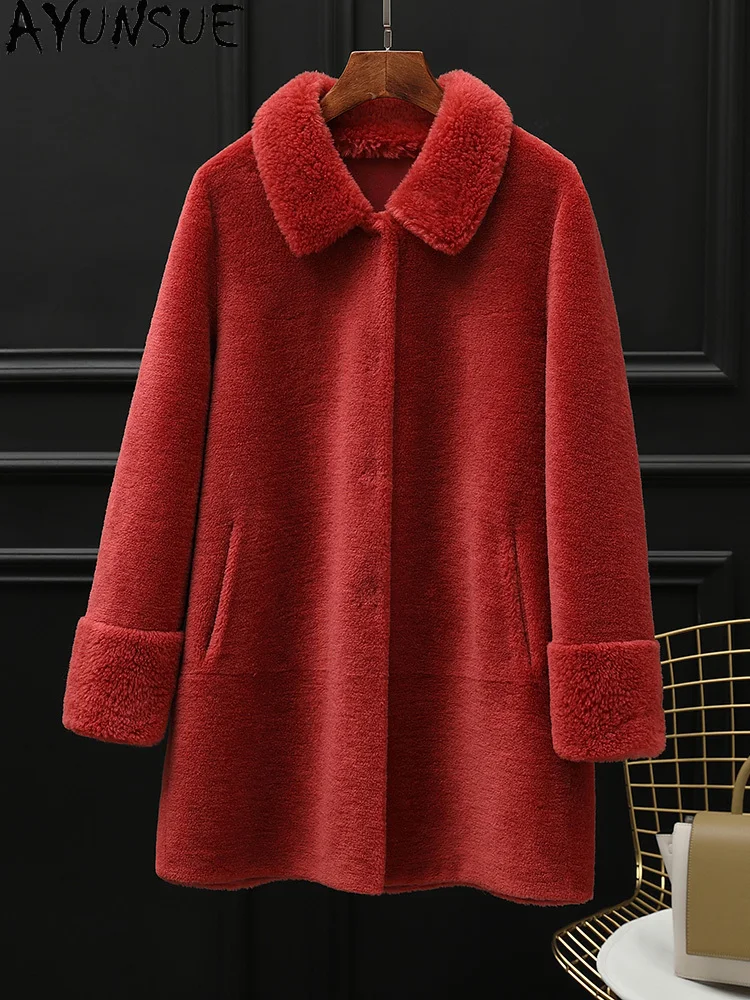 معطف صوف 100% من AYUNSUE للنساء 2025 جاكيت شيرلينغ من الأغنام الحقيقي ملابس شتوية للسيدات من الفرو المركب pallltt Жengarskie متوسط الطول