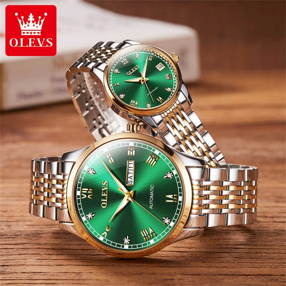 OLEVS Couple Pair Watches Set Automatic Mechanical Self Winding Dress Matching Watch for His and Hers Valentines Day Gifts