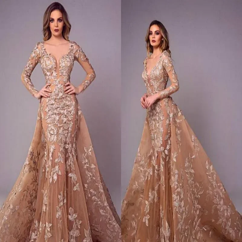 

Mermaid Evening Dresses Detachable Overskirt Long Sleeves Prom Gowns Lace Applique Plus Size Special Occasion Party Customized