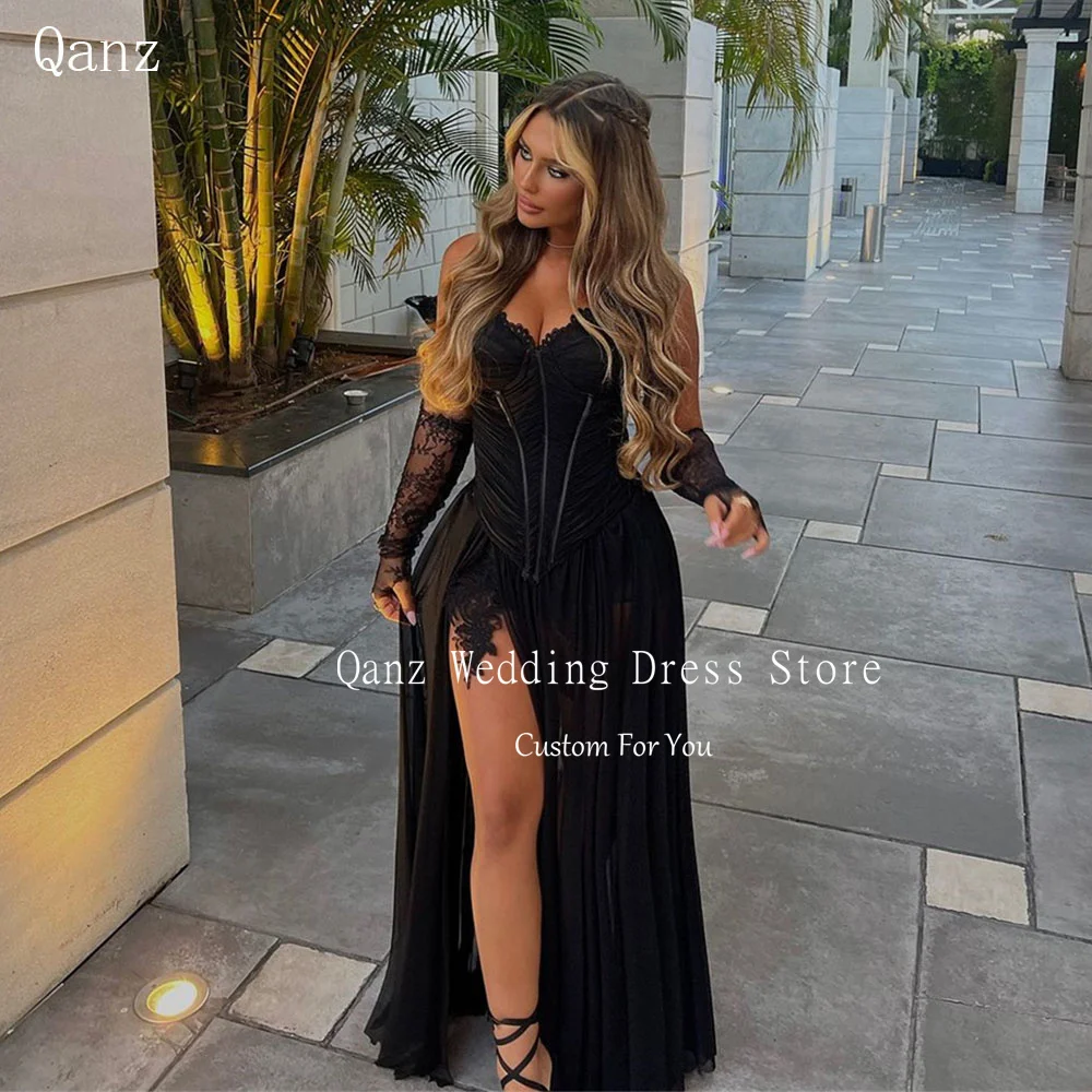 Qanz Sexy Chiffon Evening Dresses Customized High Slit Lace Appliques Floor Length Vestidos De Fiesta Dress Party Night Women