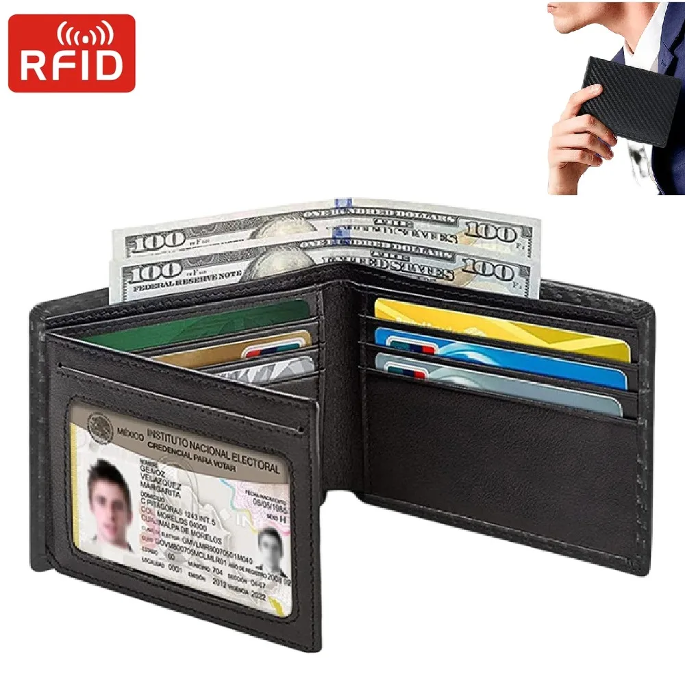 

Money Clips Trifold Pu Leather RFID Blocking Wallet with ID Window 9 Card Slot Bank Card Holders Wallets for Men Luxury Wallet