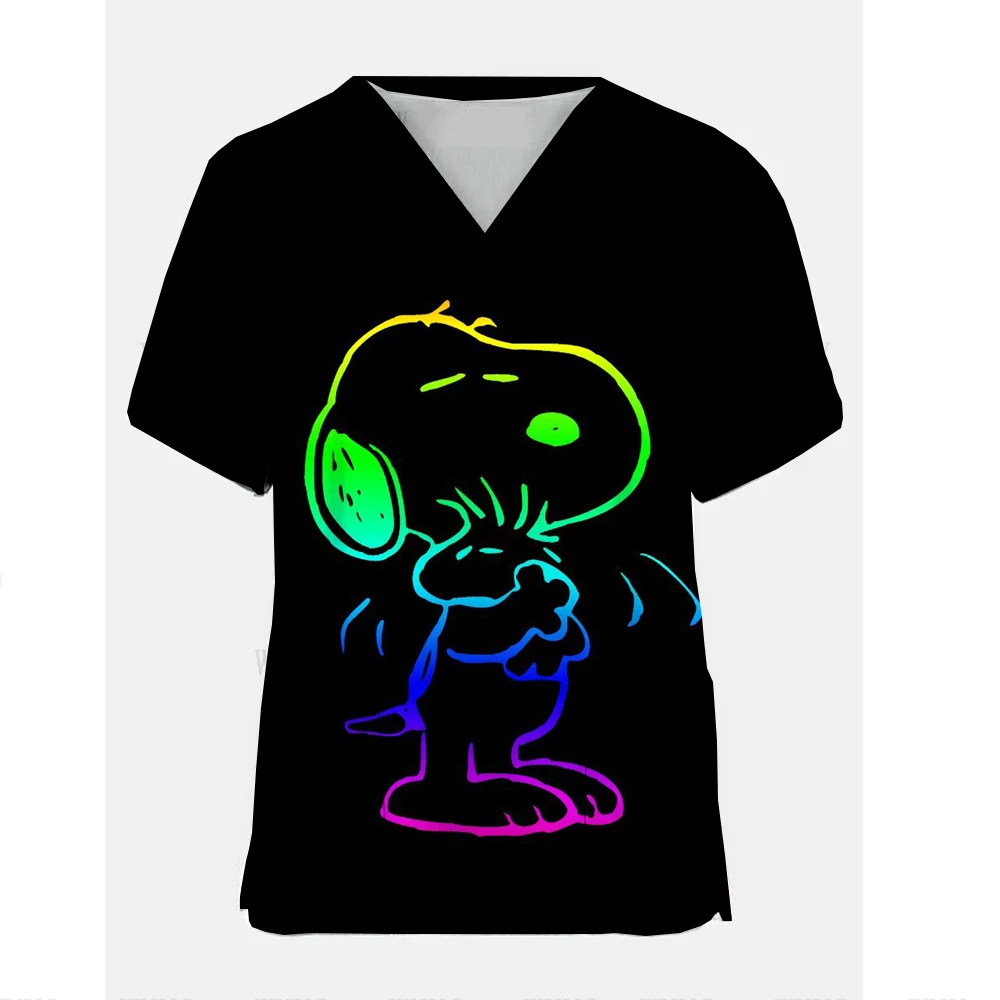 

Женская Рабочая Униформа с принтом Снупи, униформа медсестры для ухода за домашними животными, с коротким рукавом, спа, с V-образным вырезом, топы-туника