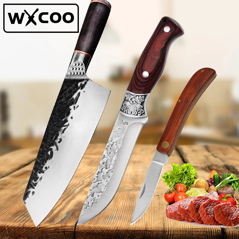 WXCOO Kitchen Chef Folding Knife Set Stainless Steel Meat Vegetables Slice Knife Professional Butcher Cleaver Boning Fish Knives