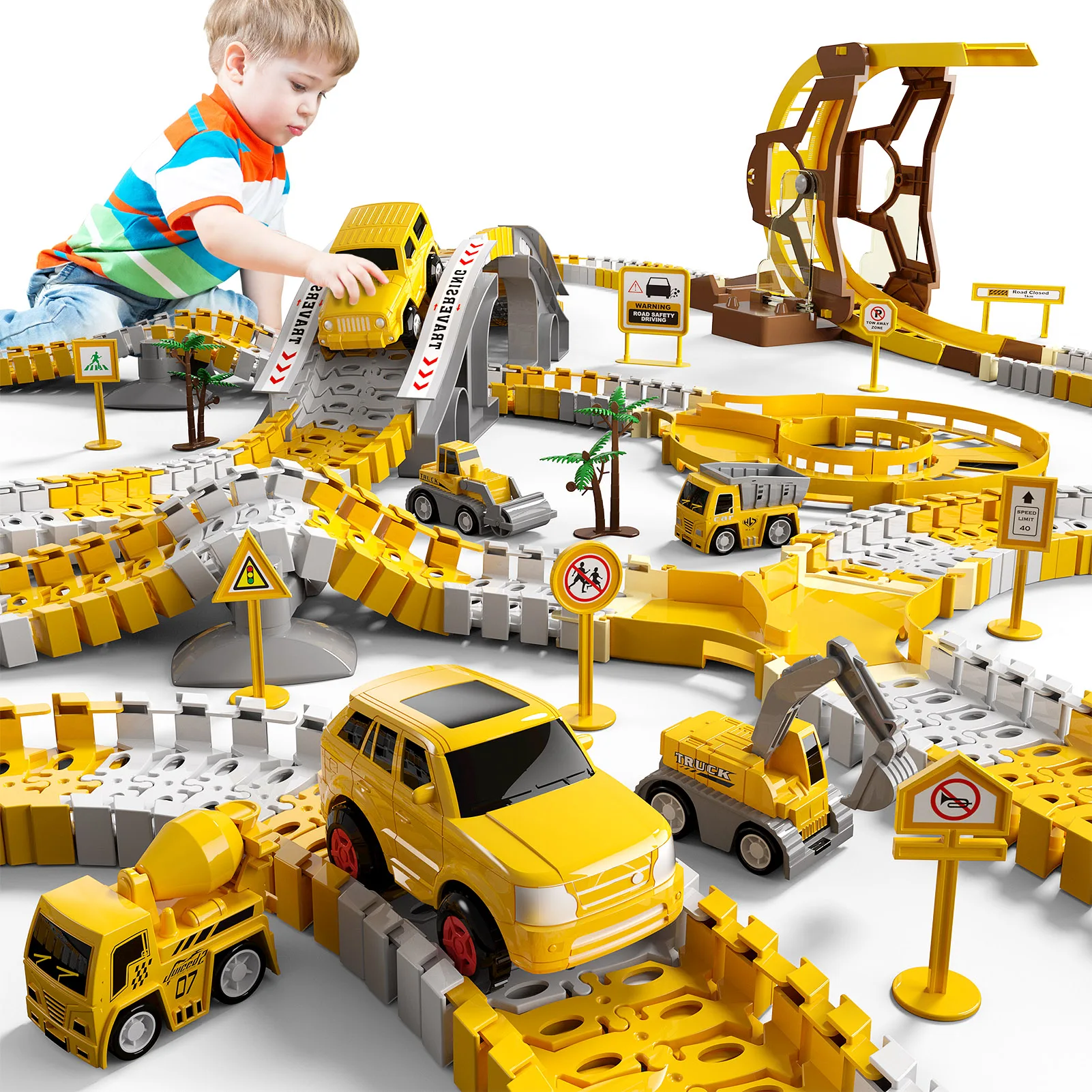 Construction Race Tracks Boys Toys, 6 PCS Engineering Cars and Flexible Race Track Playset Create A Engineering Road Gifts Toys