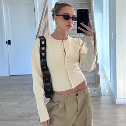 Talenza Women's High Waist Round Neck Single Breasted Cardigan Solid Long Sleeve Short Sweater Top Autumn Slim Bottoming Shirt