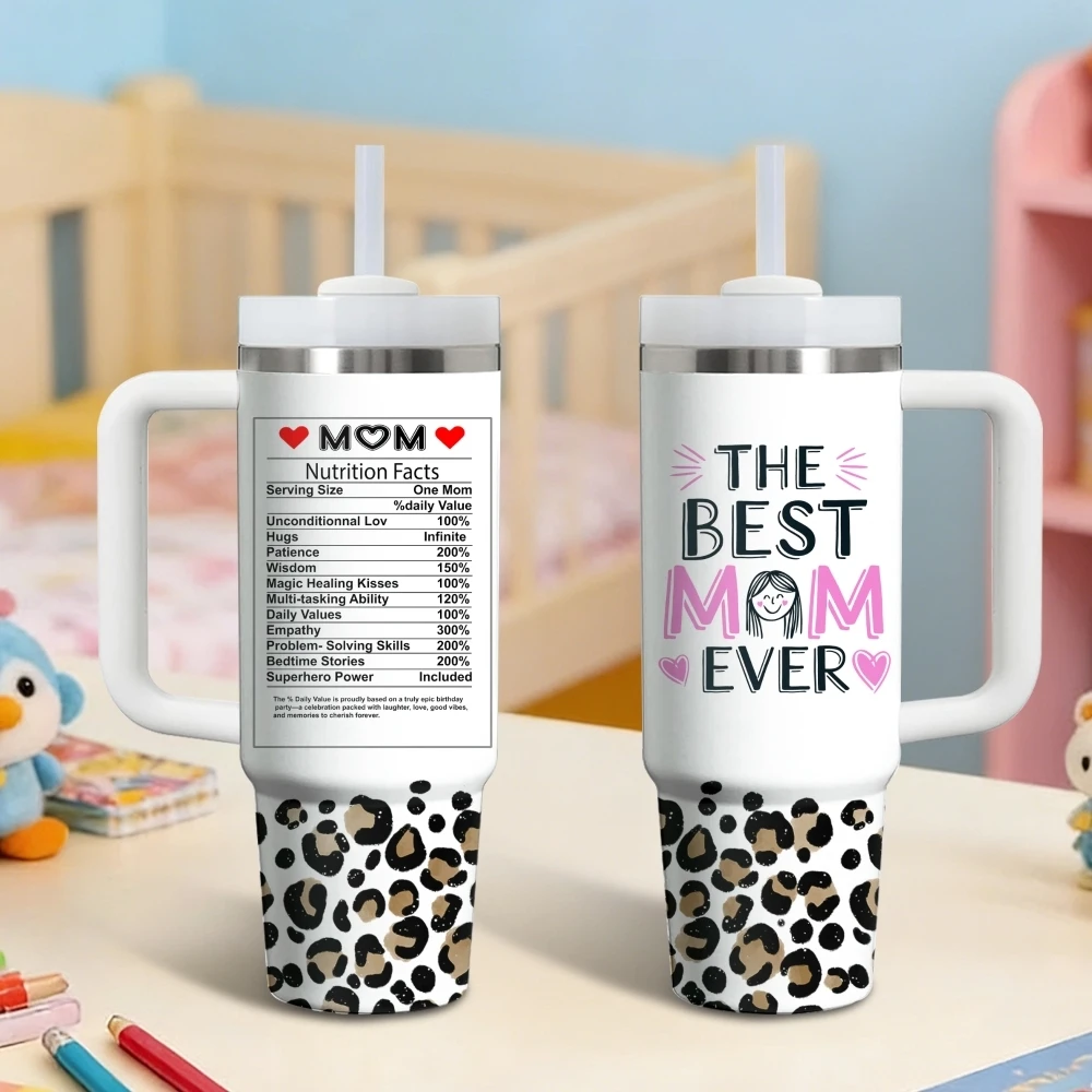 Mom Nutrition Facts Leopard Vacuum Flasks 40oz Stainless Steel Vacuum Insulated Tumbler with Straw Leak Resistant Travel Mug