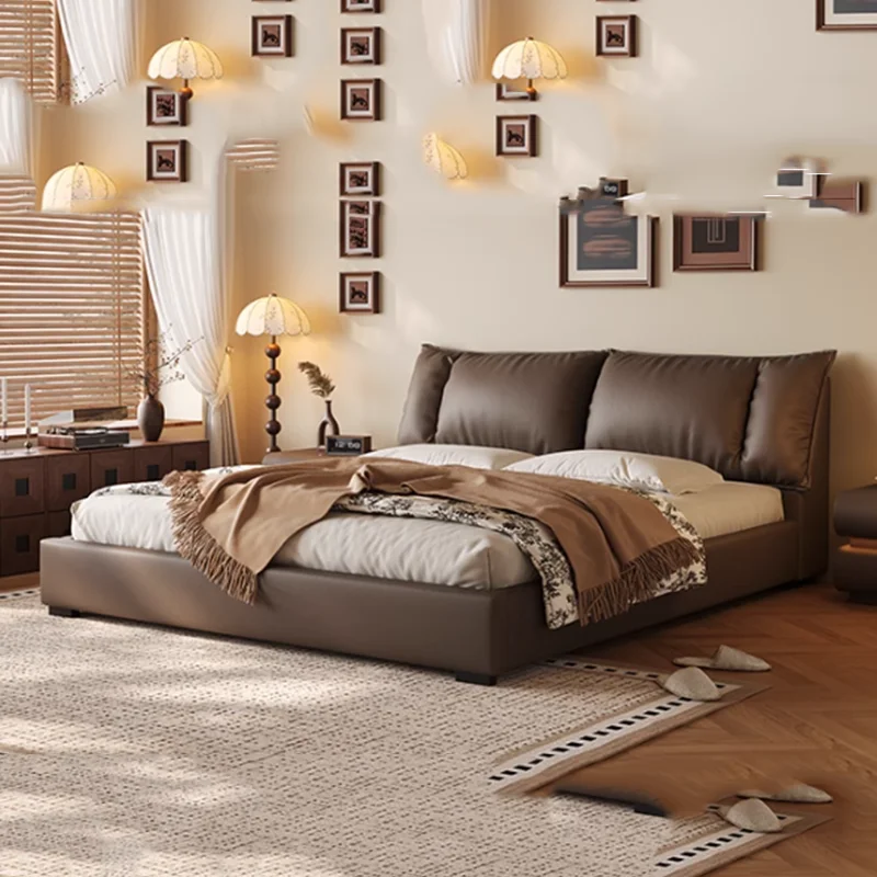 

Leather Bedroom Sleeping Bed Luxury Modern Space Saving Floor Simple Bed King Size Headboards Frame Muebles Unique Furniture