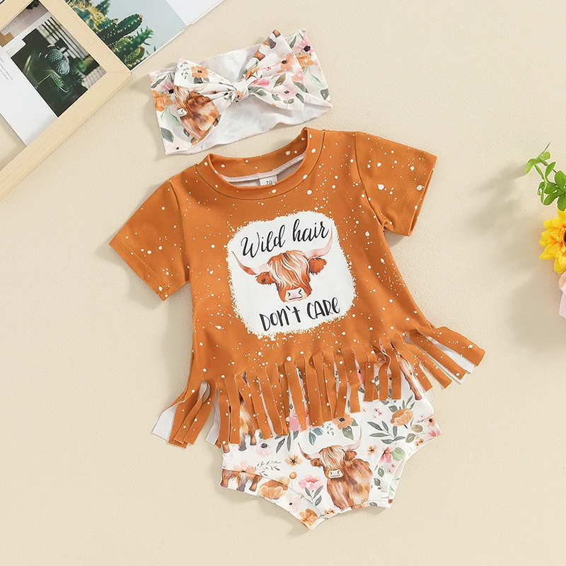 Toddler Baby Girl Western Outfit Wild Hair Don t Care Tassel T-shirt Cow Print Floral Bloomers Shorts Bow Headband