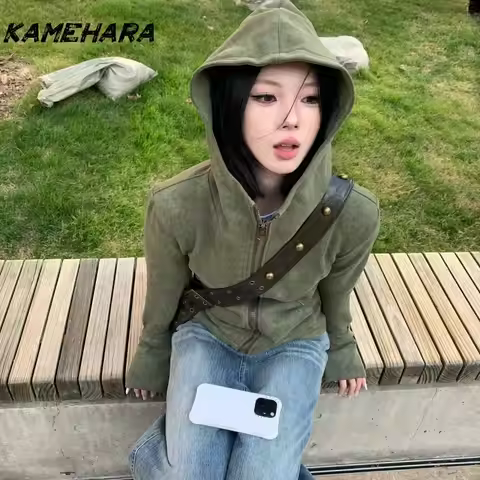 KAMEHARA Spring/Autumn 2025 Japanese Y2k Hooded Coat Vintage 2000s Style Solid Color Hoodie Slim Fit Small Thin Jacket Women Y2k