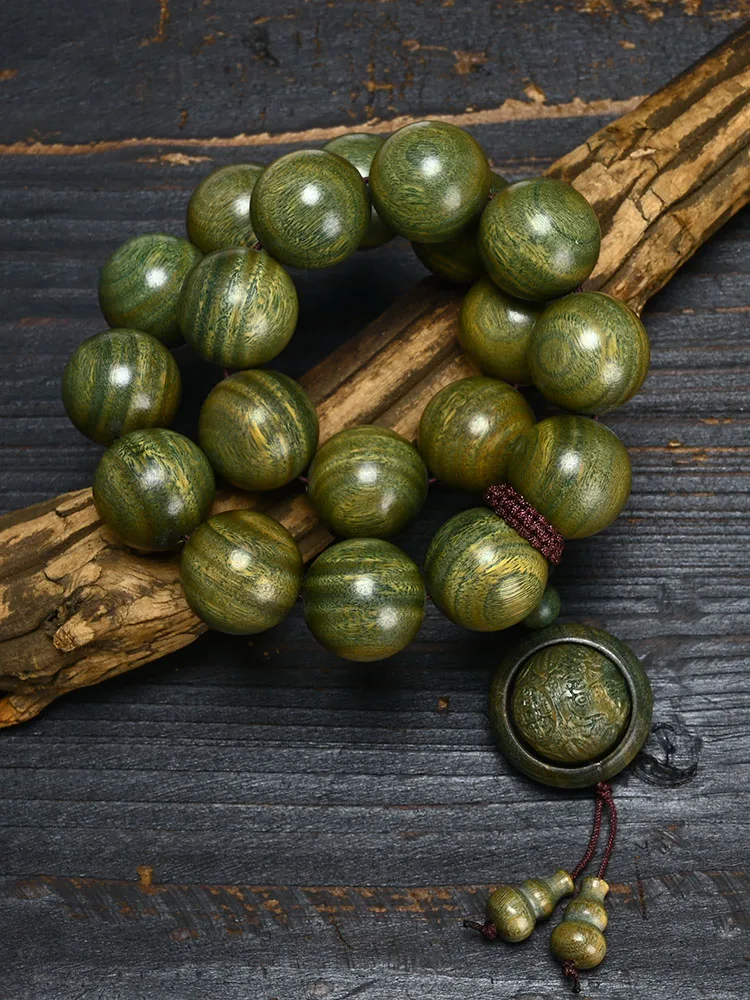 Authentic Green Sandalwood Buddha Beads Bracelet 20mm Jade Carved Wood Beads Loop Handheld Hand String for Men and Women Jewelry