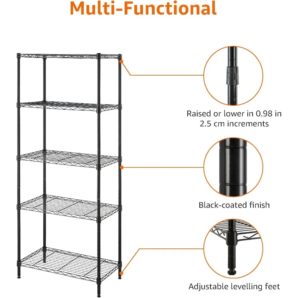 رف تخزين فولاذي قابل للتعديل مكون من 5 طبقات، سهل التجميع، عمق 13.4 × 23.2 عرض × 60 ارتفاع، أسود