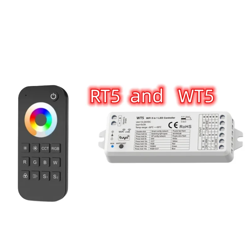 WT5 5 IN 1 Controller LED Tuya funziona con telecomando RF 2.4g RT1/RT2/RT4/RT5/R10 APP controllo vocale per RGB RGBW RGB + CCT Led Strip Lamp