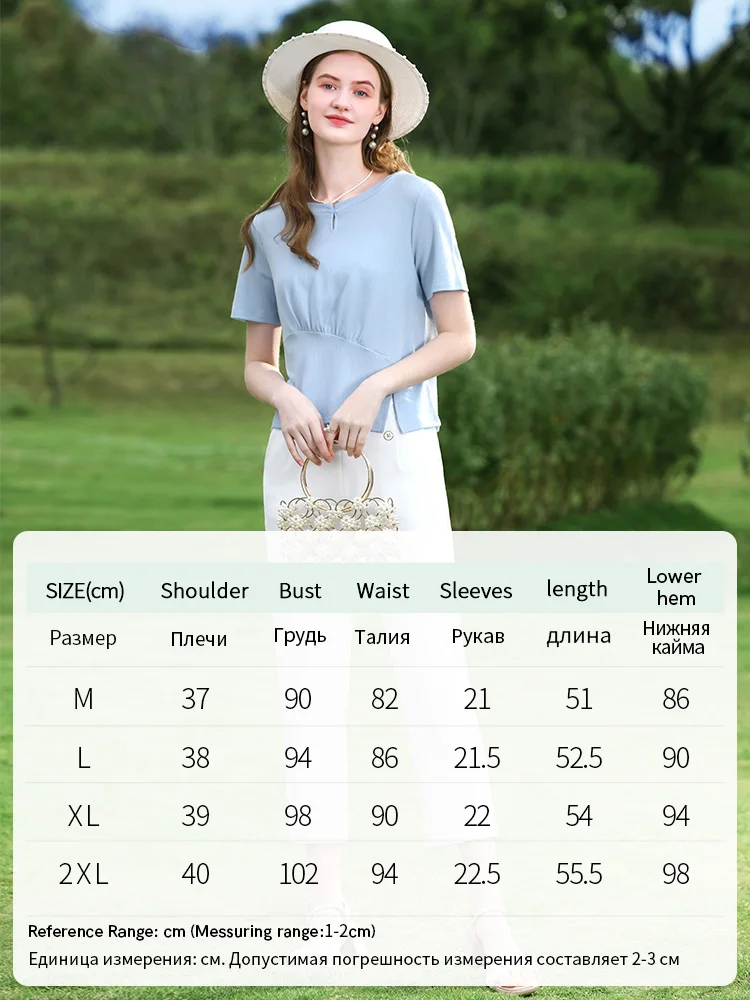 I BELIEVE YOU Blue Hollow Knit Short Sleeve Women\'s T-Shirts 2024 Summer New Waist Trendy Female Slim Chic Short Tops 2242015703