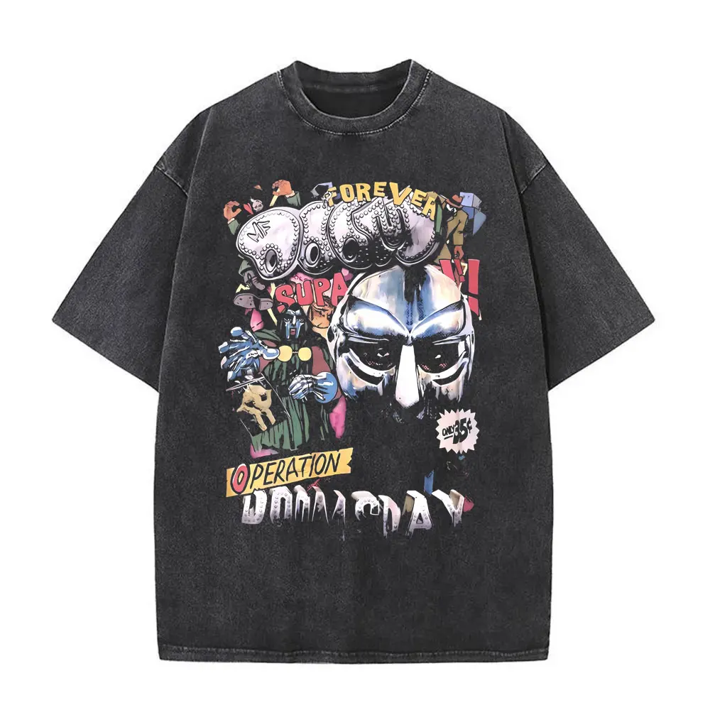 Rapper Mf Doom Eternal Graffiti Washed Vintage T-shirt Streetwear Men Women Hip Hop Oversized T Shirts Men's Casual Loose Tshirt