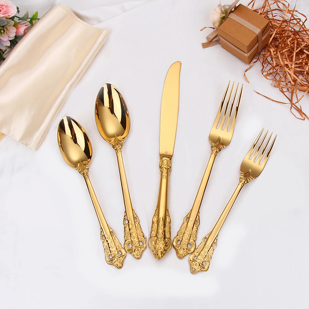 30 Pieces Gold Plated Luxury Cutlery Set Stainless Steel Vintage Western Tableware Sliver Knife Spoon Fork Set Kitchen Utensils