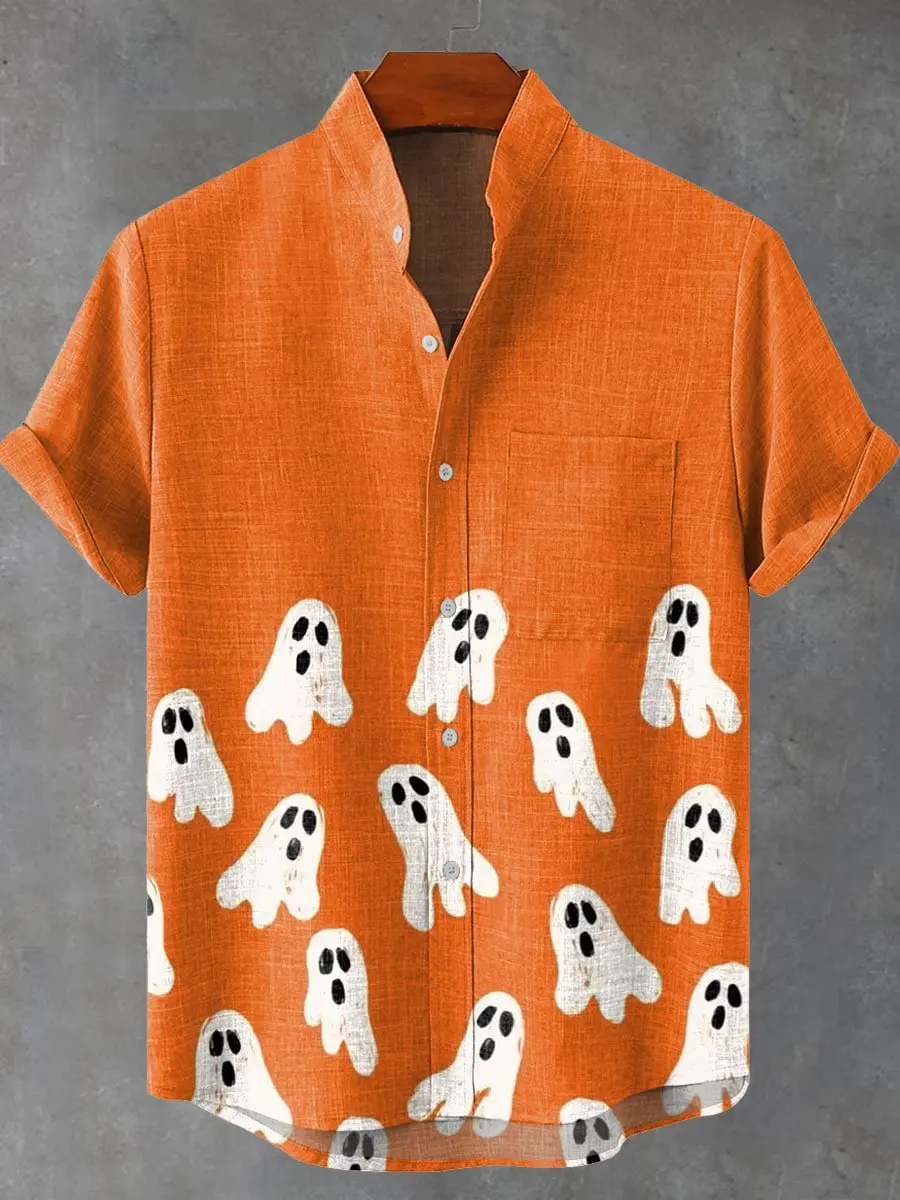 Fashionable 3D printed Halloween funny pattern men's casual loose linen pocket short stand up collar large shirt