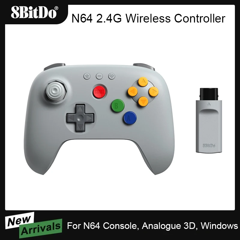 Control Inalámbrico 8BitDo N64 2.4G para Consola N64 Original, Analógico 3D y Windows (Gris), Joystick con Efecto Hall