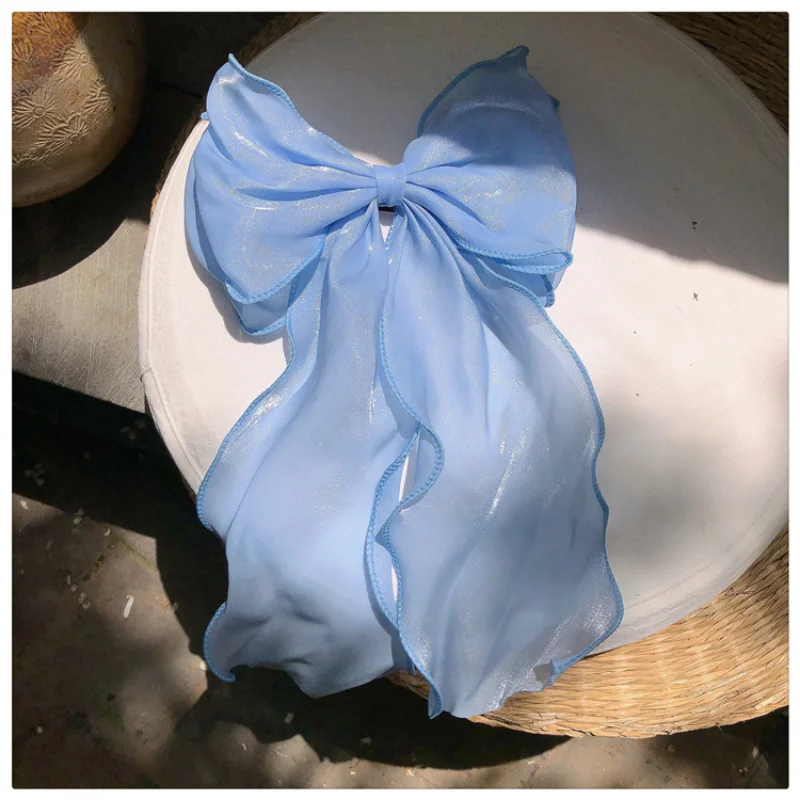 New Women Girls Sweet Blue Shining Satin Bowknot Hair Clip Big Ribbon Bow Barrette Solid Color Scarf Hairpin Grip Ponytail Clip