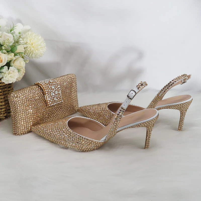 2023 New Arrival bridal Champagne Gold Pointed Toe Wedding Shoes and bag Woman High Pumps Thin Heel Party Shoes woman Slingbacks