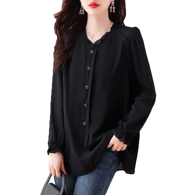 Spring Autumn New Solid Color Ruffled Neck Long Sleeve Shirt Women High Street Button Patchwork Cardigan Elegant All-match Tops