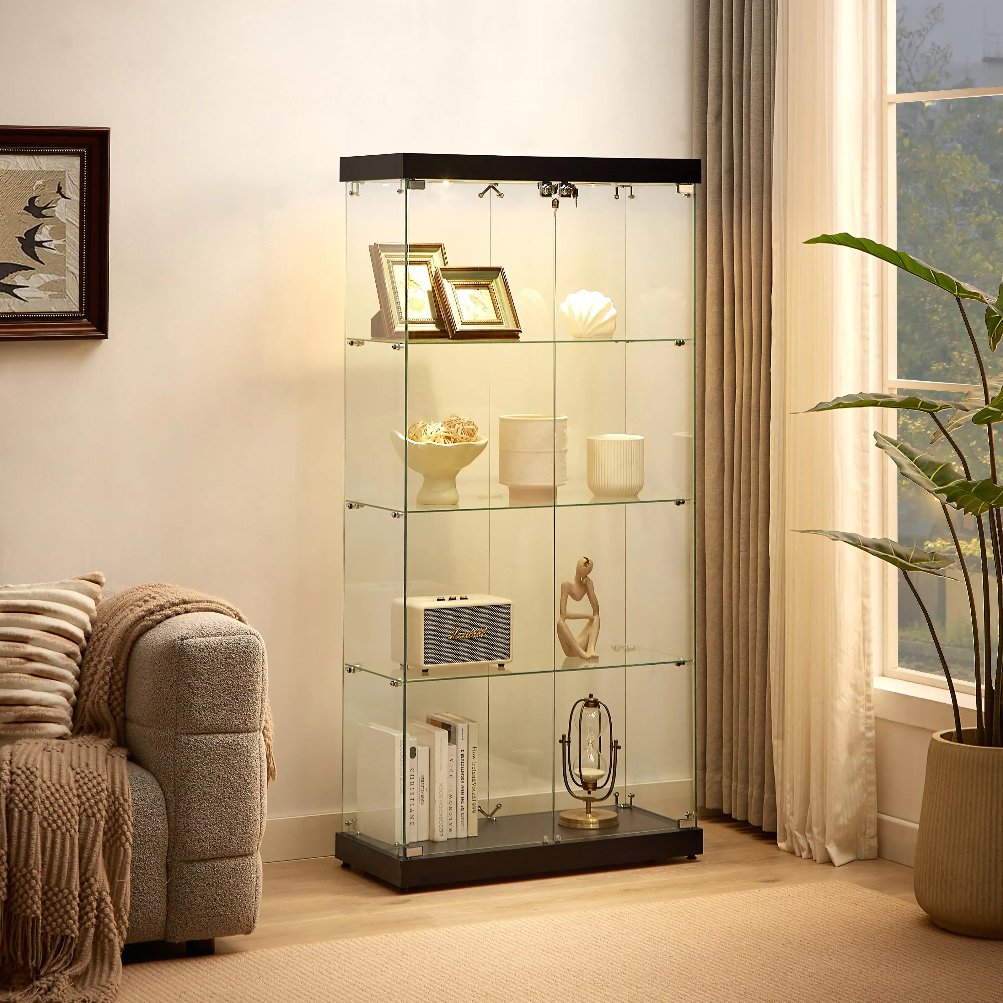 4-Tier  Glass Display Cabinet with  Doors, 2 Locks, Floor Standing Storage for living Room, Office & Showroom, 31.5L