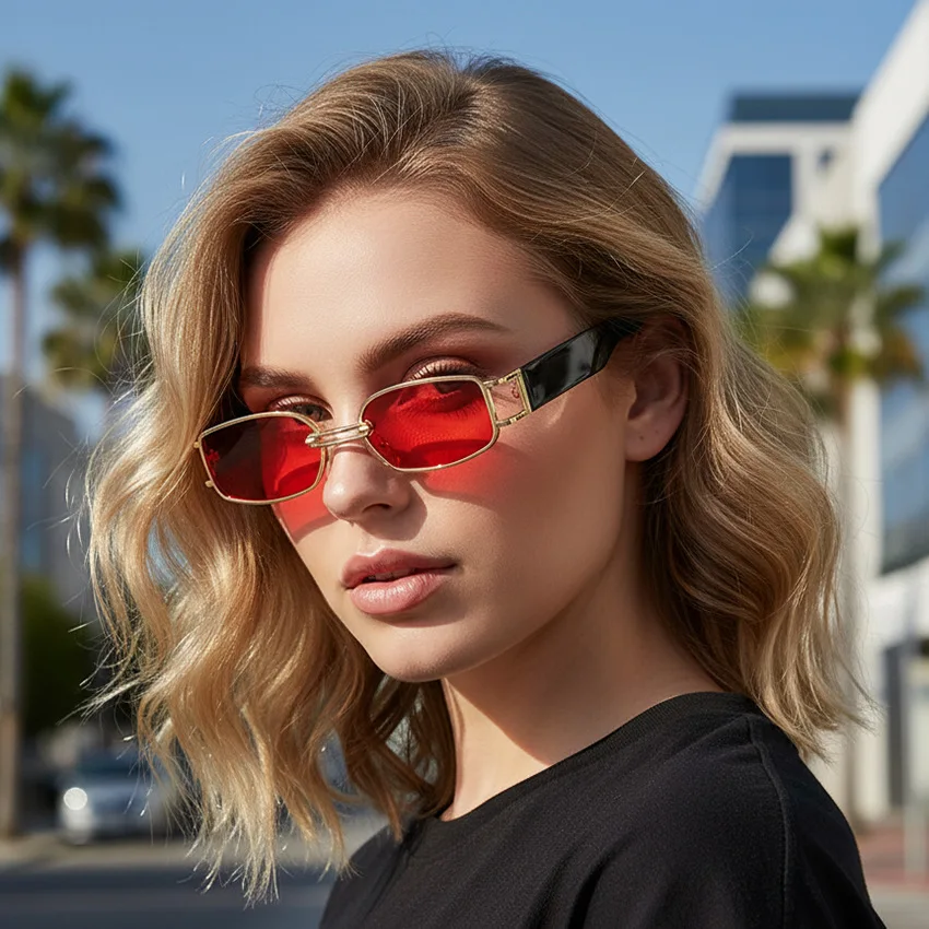 

Square Sunglasses Women Rectangular Small Frame Glasses Metal Red Lenses Men's Sunglasses Outdoor Driving Punk Sunglasses UV400