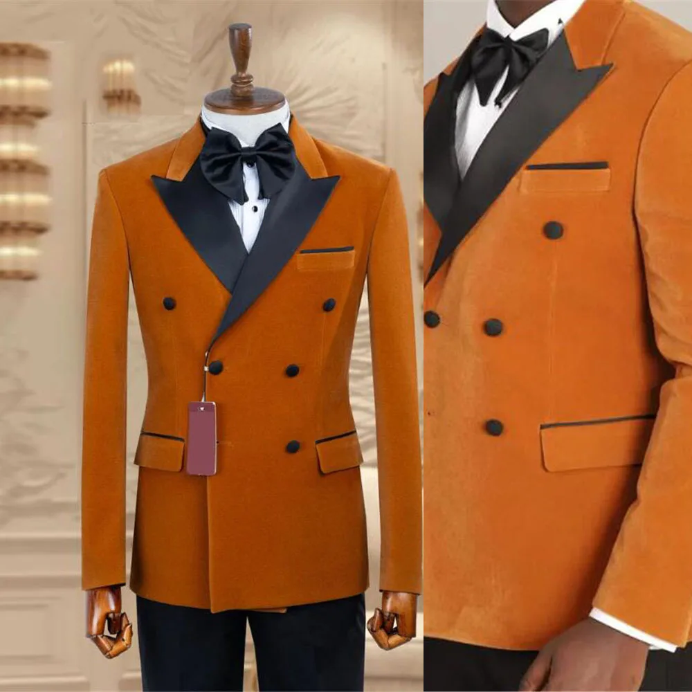 

Fashion Groom Wedding Suits Double Breasted Man Tuxedos Customized Black Peaked Lapel Velvet Suits Men Slim Fit Costume Homme