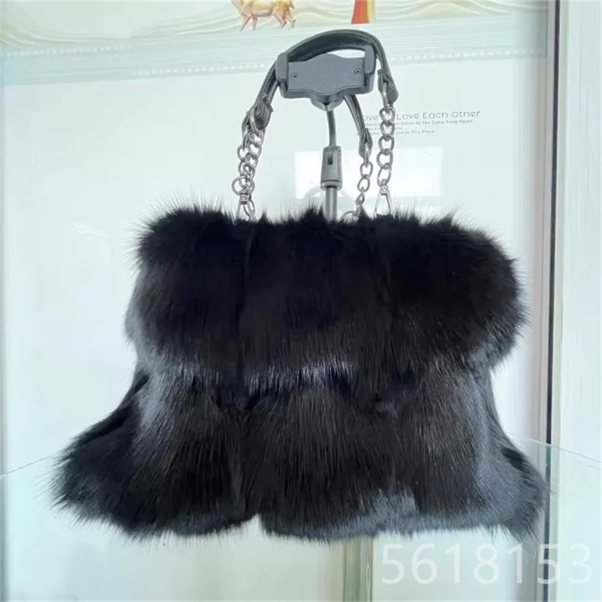 New black  Rabbit Hair Splicing Bag Women's Winter Wool Fur Warm Real Fur