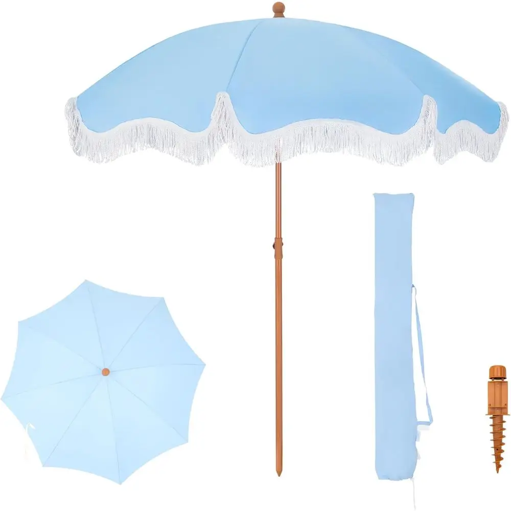 

7t Beach Umbrella with ringe & Sand Anchor, Outdoor Patio Heavy Duty Windproo Portable Tassel Umbrellas or Sand with Push Button