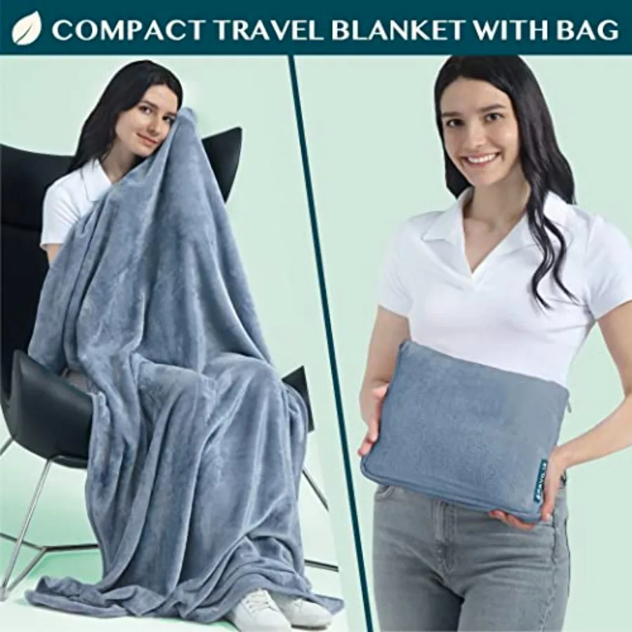Travel Blanket Pillow, Soft Airplane Blanket 2-IN-1 Combo Set, Plane Blanket Compact Packable, Flight Essentials Car Pillow, Tr