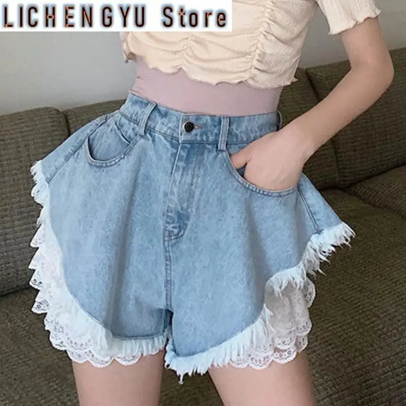 New Women Denim Shorts Jeans Feminino Summer Wide Leg Female Loose Shorts Tassel Lace Femme Cloth Pantalones Fashion Streetwear