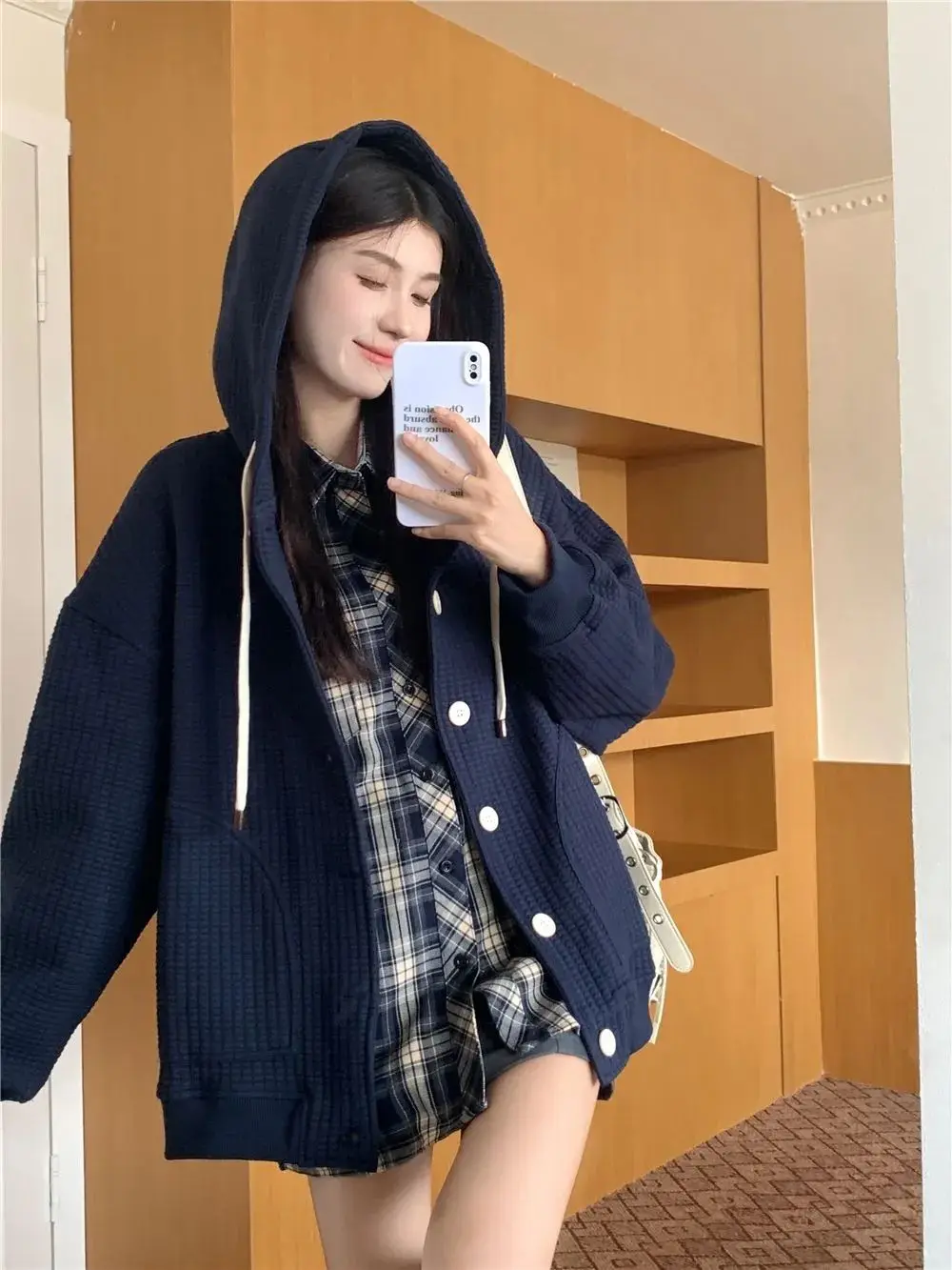 

Korea Lazy Style Waffle Solid Color Hooded Sweatshirt Women Spring Autumn New Simple Niche Loose Long-Sleeved Jacket