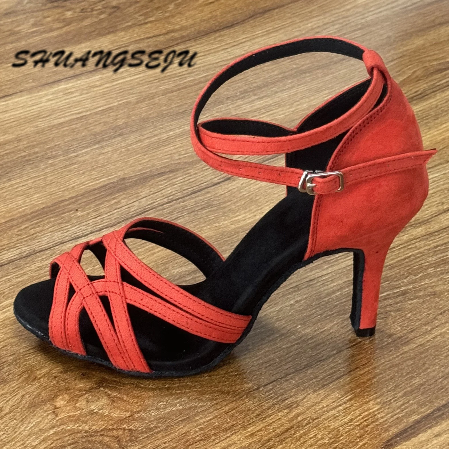 

SHUANGSEJU Elegant Red Suede Latin Dance Shoes Women's Slender High Heel Professional Competition Party Shoes with Soft Sole