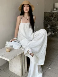 Summer Korean Fashion Solid Y2k 2 Piece Set Women Elegant Casual Loose Strap Tops + High Waist  Wide Leg Pants Female Clothing