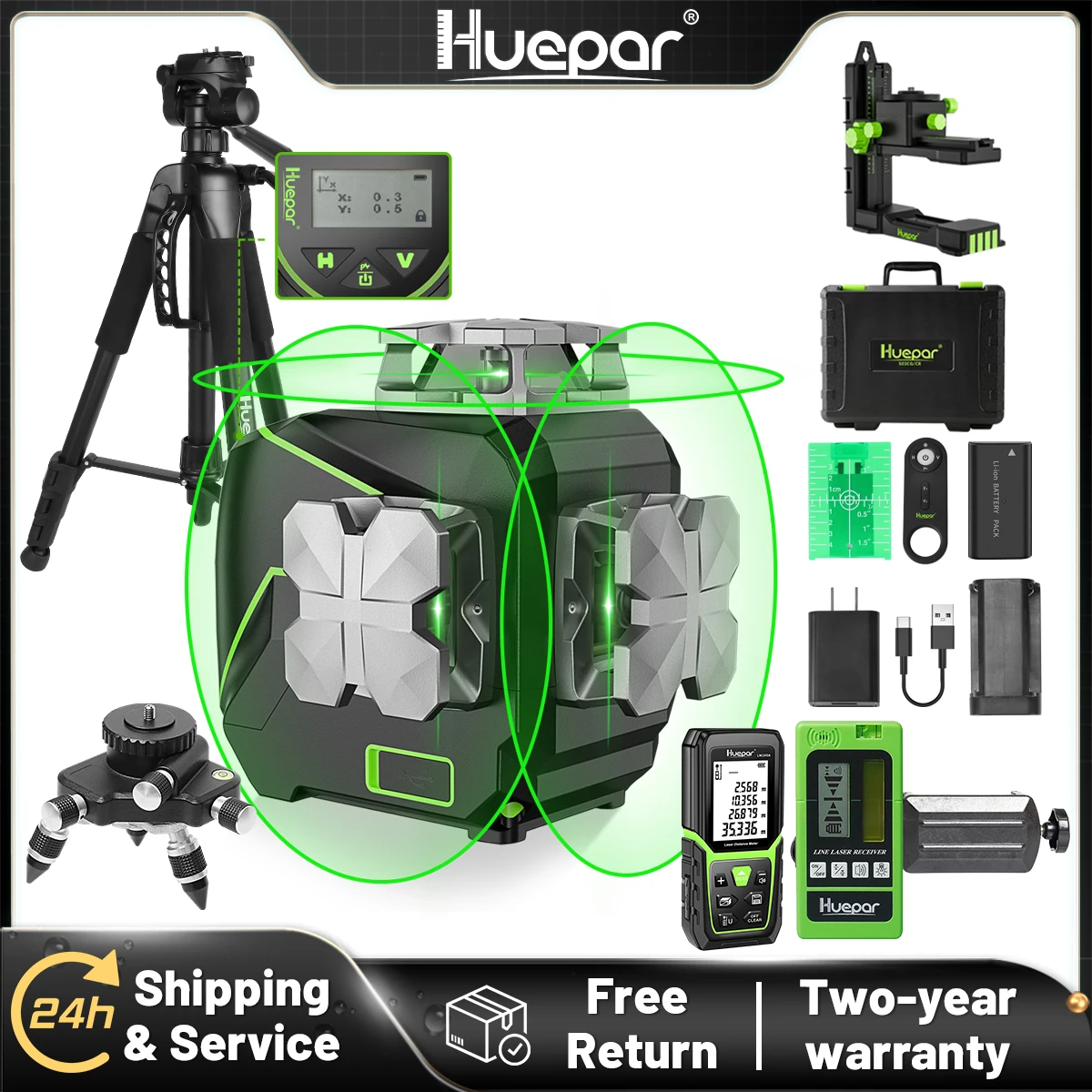 Huepar S03CG Set 3D-Kreuzlinienlaser, Bluetooth und Fernbedienung, 12 Linien Osram Green Beam Laser mit Empfänger, Stativ-Entfernungsmesser