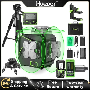 Huepar S03CG Set nivel láser de línea cruzada 3D Bluetooth y control remoto 12 líneas láser de haz verde Osram con receptor trípode telémetro