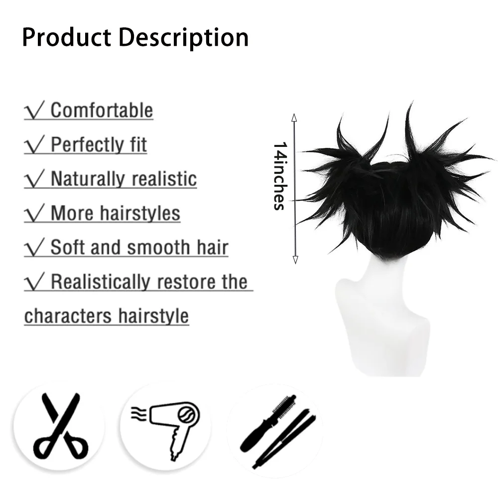 أنيمي Jujutsu Kaisen Choso تأثيري الشعر الاصطناعية 14 بوصة أسود مزدوج ذيل حصان كرنفال حفلة يومية عالية الجودة شعر مستعار رقيق