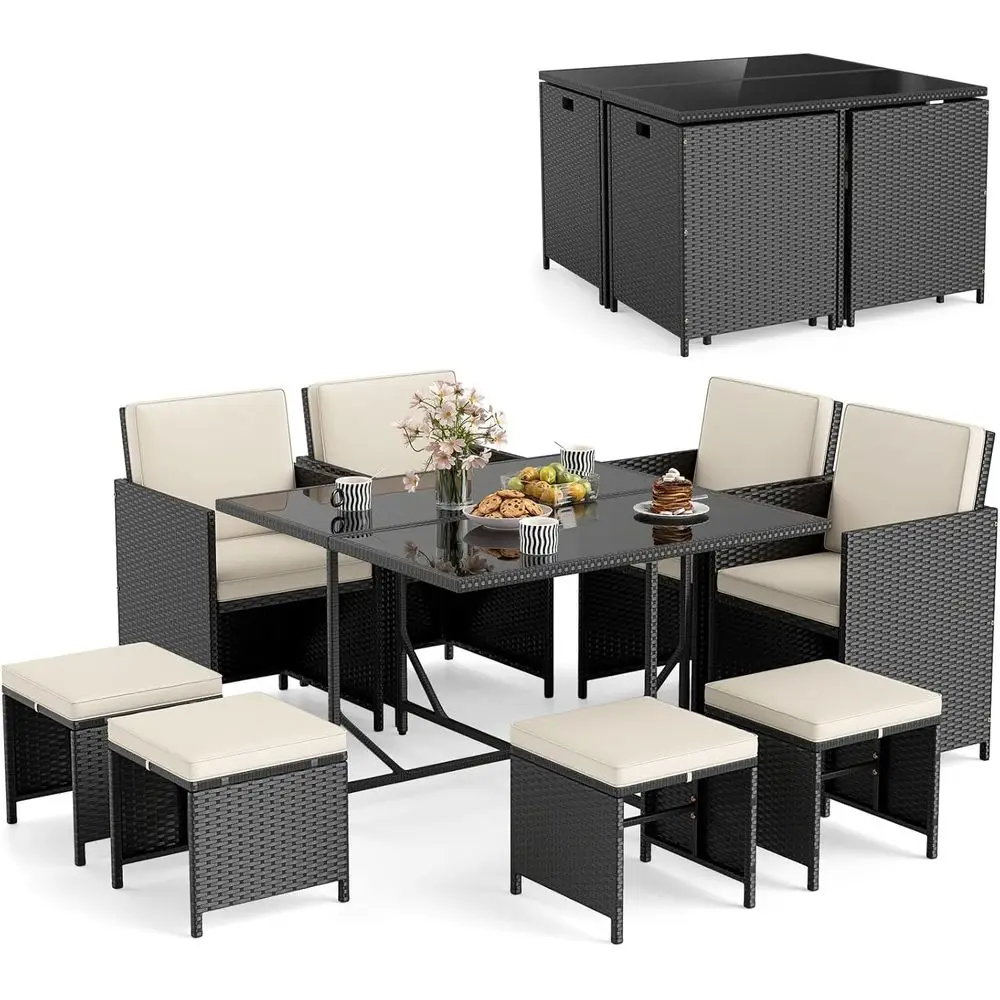 

9-Piece Rattan Patio Dining Set with Glass Top Table and Ottoman, Space-Saving Sectional with Cushions for Outdoor Deck or Garde