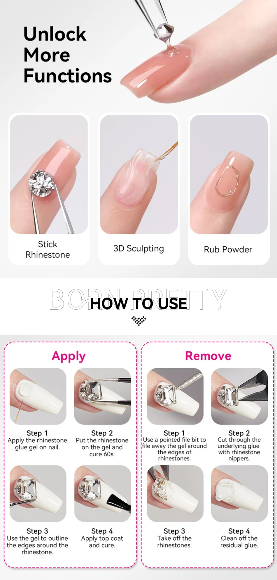 BORN PRETTY 30g Superstarker Nagel-Strasskleber Gel 3-IN-1 Langanhaltender Schmuckklebstoff Gel Rub Puder Nagelform Modellierung – Detail 5