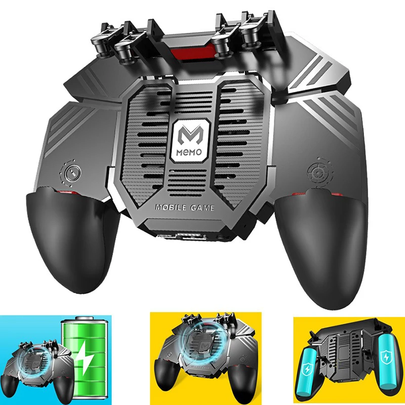 AK77 Pubg Mobile Game Controller 6 Fingers with Fan Pubg Trigger Gamepad Joystick for Android Ios Game Pad Movil with Battery