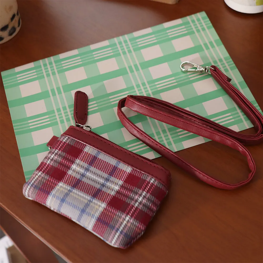 PU Leather Check Suede Coin Purse Hanging Neck Shoulder Bag Mini Storage Bag Card Holder Lipstick Earphone Pouch Lanyard Wallet