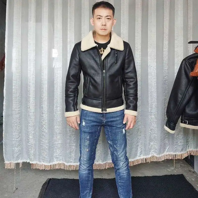 Korean Winter Lamb Wool Clothes Men B3 Fur One Motorcycle Suit Coats With Fleece Thick Suede Lapel Leather Jacket Slim Outerwear