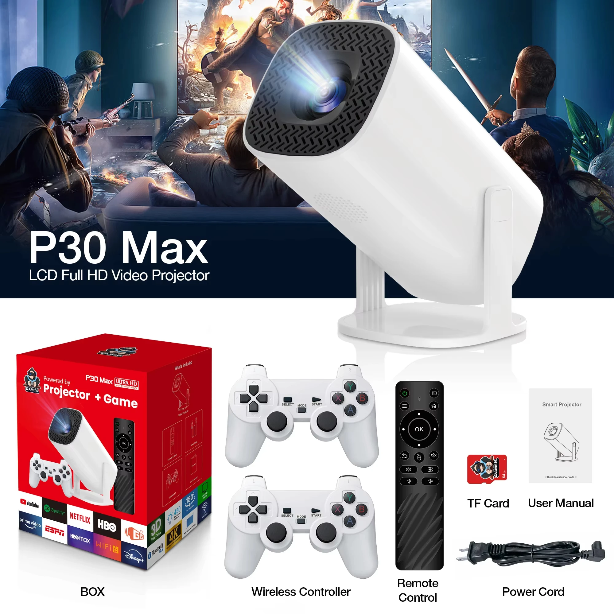 P30MAX 4K Game Projector Retro Drive 30000+ Video Games Emulator Console Portable Projector Home Theater Dual System