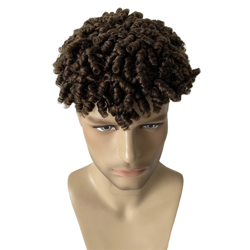 Reemplazo de cabello humano virgen indio, Color medio de cejas, rizo en espiral 8x10 Mono con tupé de PU para hombres negros, 4 #