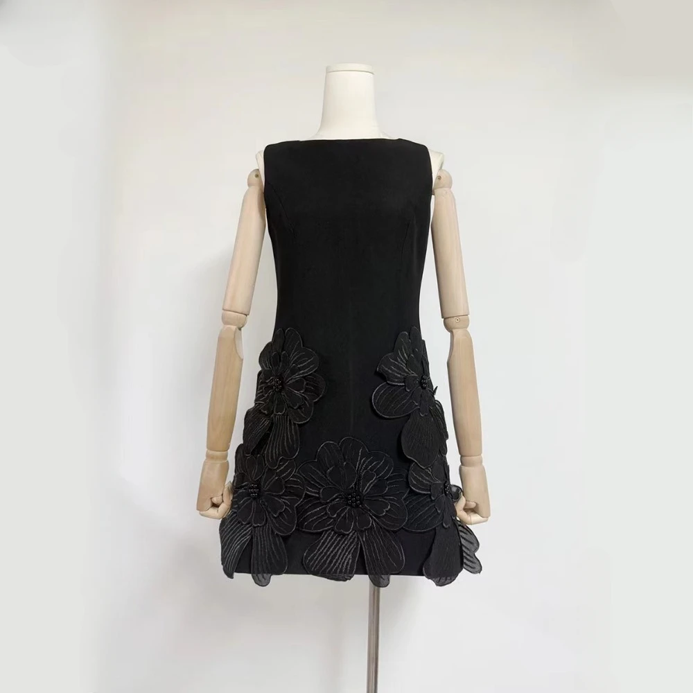 VGH Catwalk Style Patchwork Zipper Dress for Women O Neck Sleeveless Spliced Appliques Solid Mini Dresses Female Fashion Clothes image 3