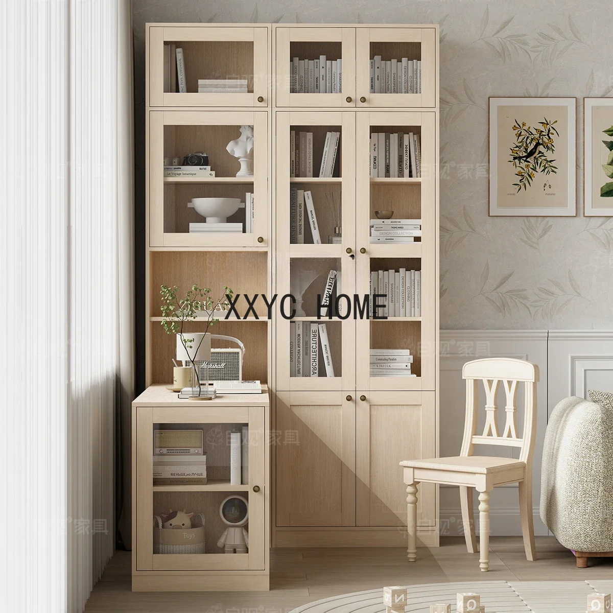 Natural Log Combined Bookcase American Foldable Desk Storage Cabinet Integrated Il-Shaped Corner Computer Table