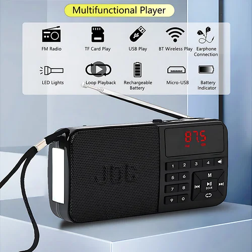 Imagen 2 del producto Radio FM portátil de bolsillo, Bluetooth, batería recargable, soporte para auriculares, USB, tarjeta TF, reproductor de MP3 con Mini receptor de Radio
